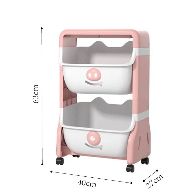 Organizator pentru copii Little Mom Piggy Blue cu 2 nivele, echipat cu 2 cutii deschise, prevazut cu roti, dimensiuni 63x40x27 cm
