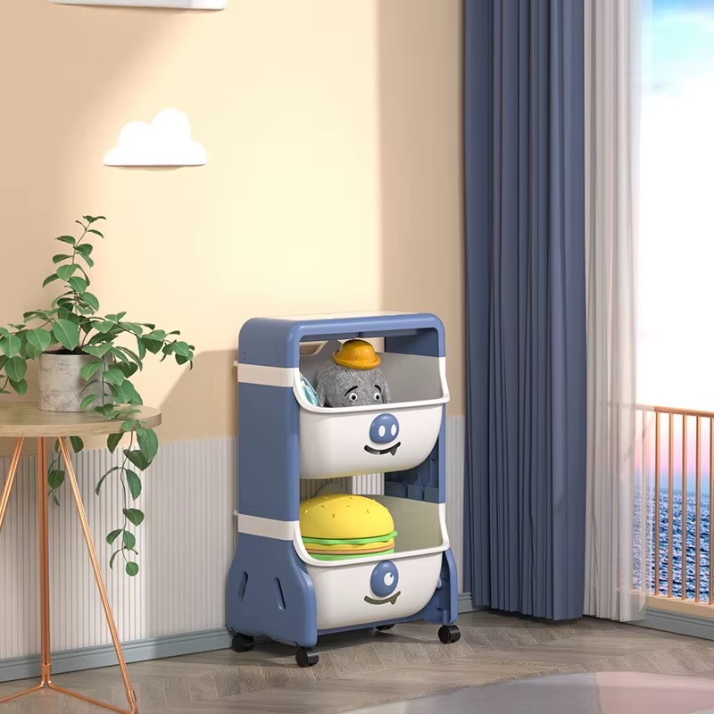 Organizator pentru copii Little Mom Piggy Blue cu 2 nivele, echipat cu 2 cutii deschise, prevazut cu roti, dimensiuni 63x40x27 cm - 8