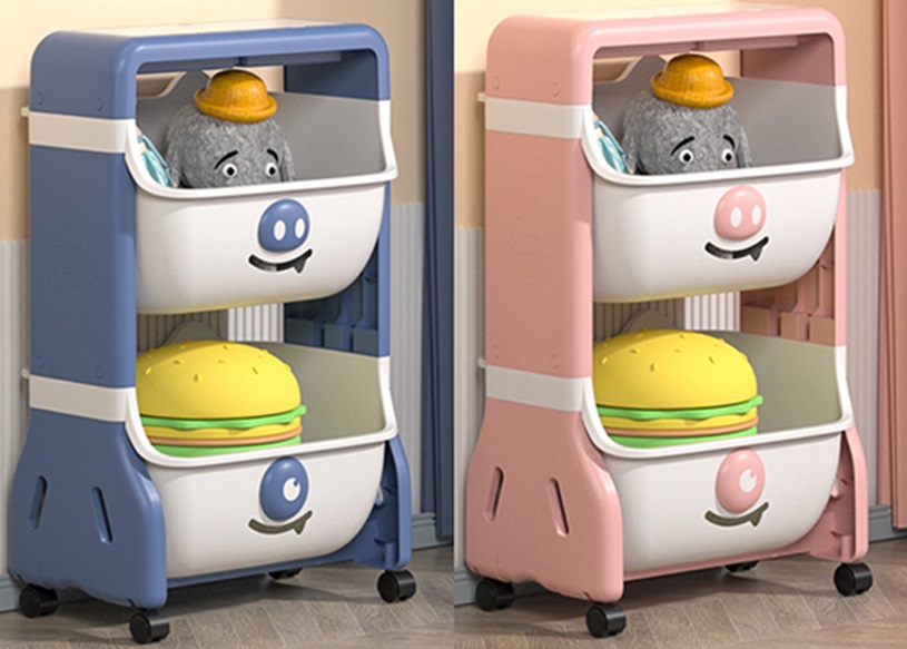 Organizator pentru copii Little Mom Piggy Blue cu 2 nivele, echipat cu 2 cutii deschise, prevazut cu roti, dimensiuni 63x40x27 cm - 1