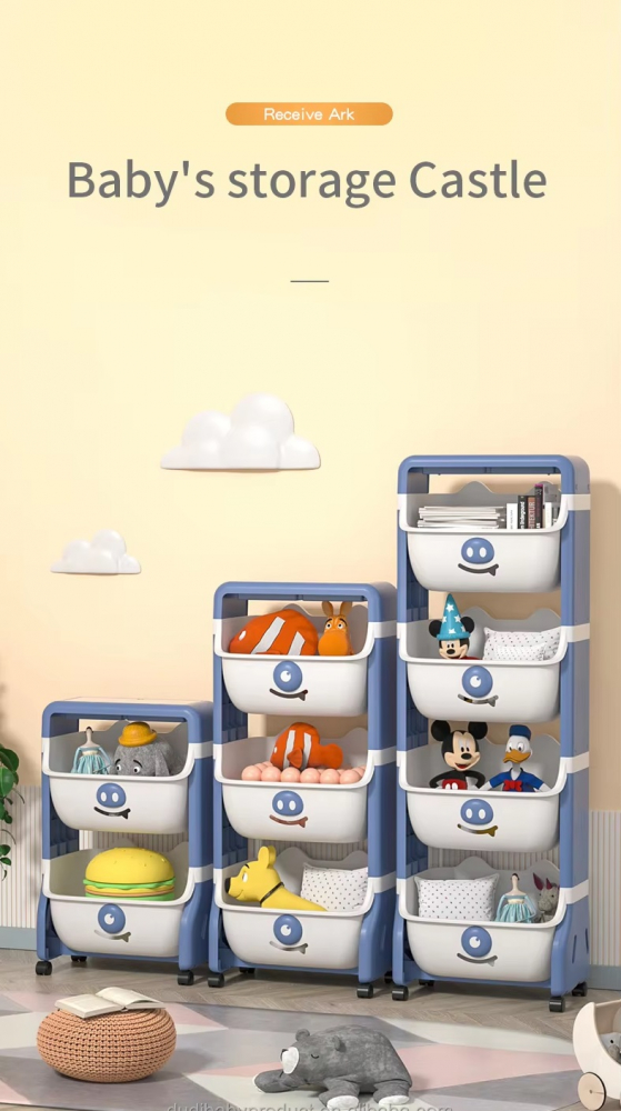 Organizator pentru copii Little Mom Piggy Blue cu 2 nivele, echipat cu 2 cutii deschise, prevazut cu roti, dimensiuni 63x40x27 cm - 3