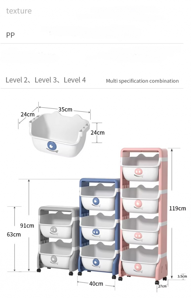 Organizator pentru copii Little Mom Piggy Blue cu 2 nivele, echipat cu 2 cutii deschise, prevazut cu roti, dimensiuni 63x40x27 cm - 7