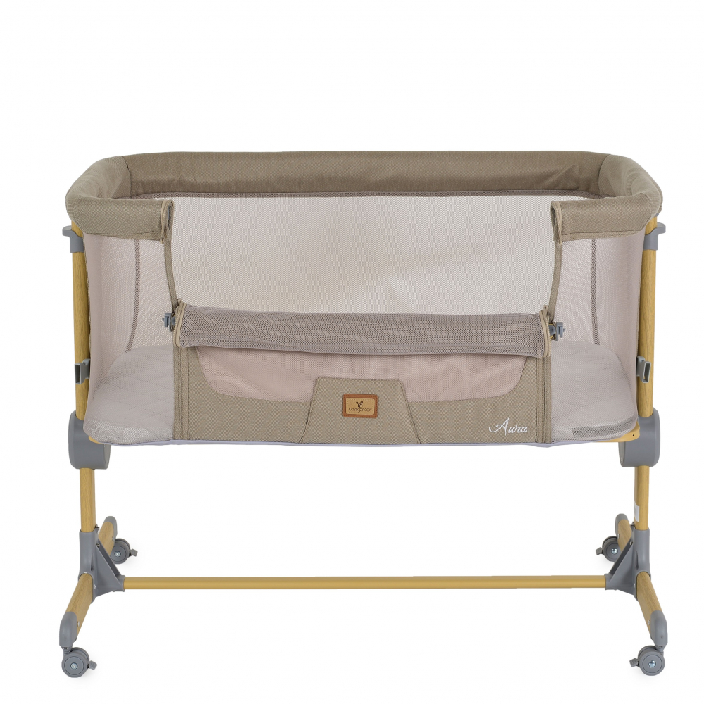 Patut Co-Sleeper Cangaroo Aura Beige 88x56 cm cu laterala culisanta, Saltea cu baza ferma si husa detasabila, Functie anti reflux, 7 nivele de reglare a inaltimii, 4 Roti cu frana,recomandat de la nastere pana la 9 kg - 1 | YEO