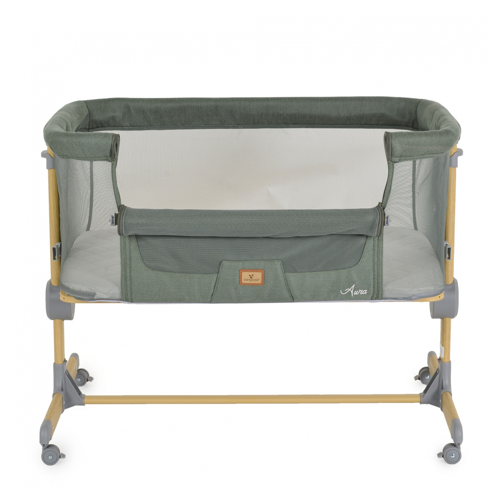 Patut Co-Sleeper Cangaroo Aura Green 88x56 cm cu laterala culisanta, Saltea cu baza ferma si husa detasabila, Functie anti reflux, 7 nivele de reglare a inaltimii, 4 Roti cu frana,recomandat de la nastere pana la 9 kg - 2