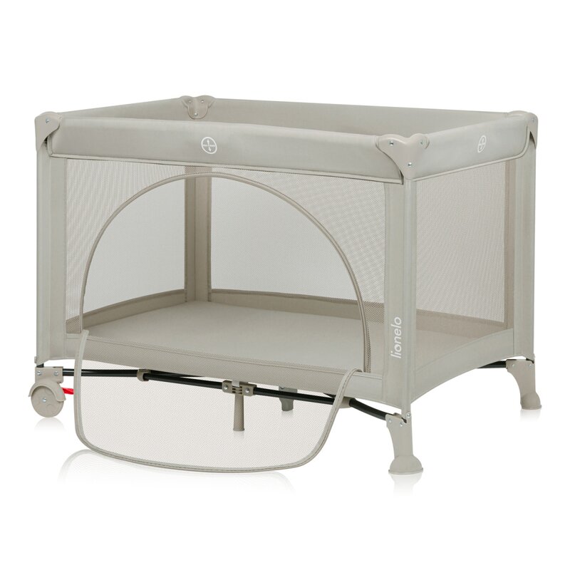 Patut pliabil, Lionelo, Laura, 102 x 74 cm, Cu doua nivele, Functie de tarc, Cu roti, Include salteluta si geanta de transport, Pereti din plasa, Deschidere laterala, Pana la 15 kg, 0 luni +, Bej