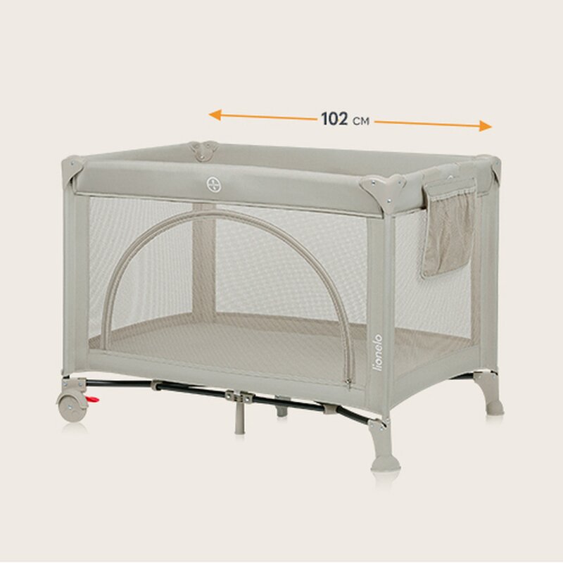 Patut pliabil, Lionelo, Laura, 102 x 74 cm, Cu doua nivele, Functie de tarc, Cu roti, Include salteluta si geanta de transport, Pereti din plasa, Deschidere laterala, Pana la 15 kg, 0 luni +, Bej - 1