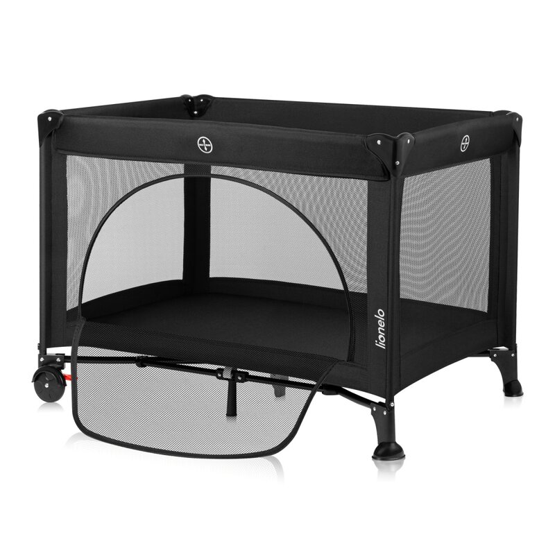 Patut pliabil, Lionelo, Laura, 102 x 74 cm, Cu doua nivele, Functie de tarc, Cu roti, Include salteluta si geanta de transport, Pereti din plasa, Deschidere laterala, Pana la 15 kg, 0 luni +, Negru