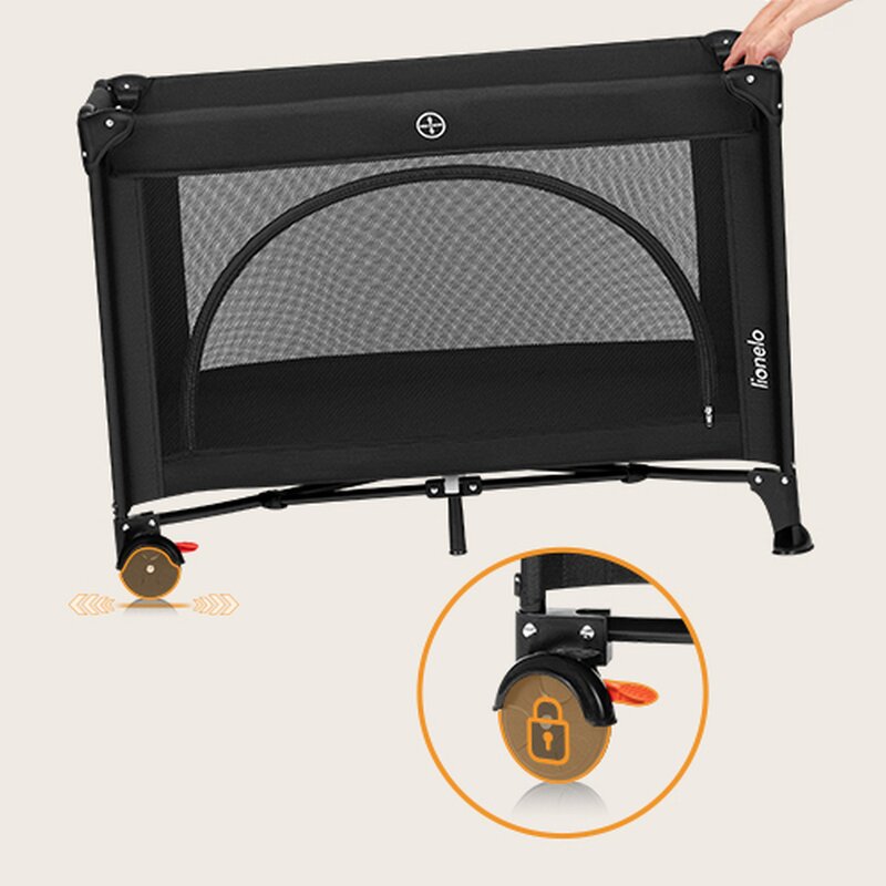 Patut pliabil, Lionelo, Laura, 102 x 74 cm, Cu doua nivele, Functie de tarc, Cu roti, Include salteluta si geanta de transport, Pereti din plasa, Deschidere laterala, Pana la 15 kg, 0 luni +, Negru - 3