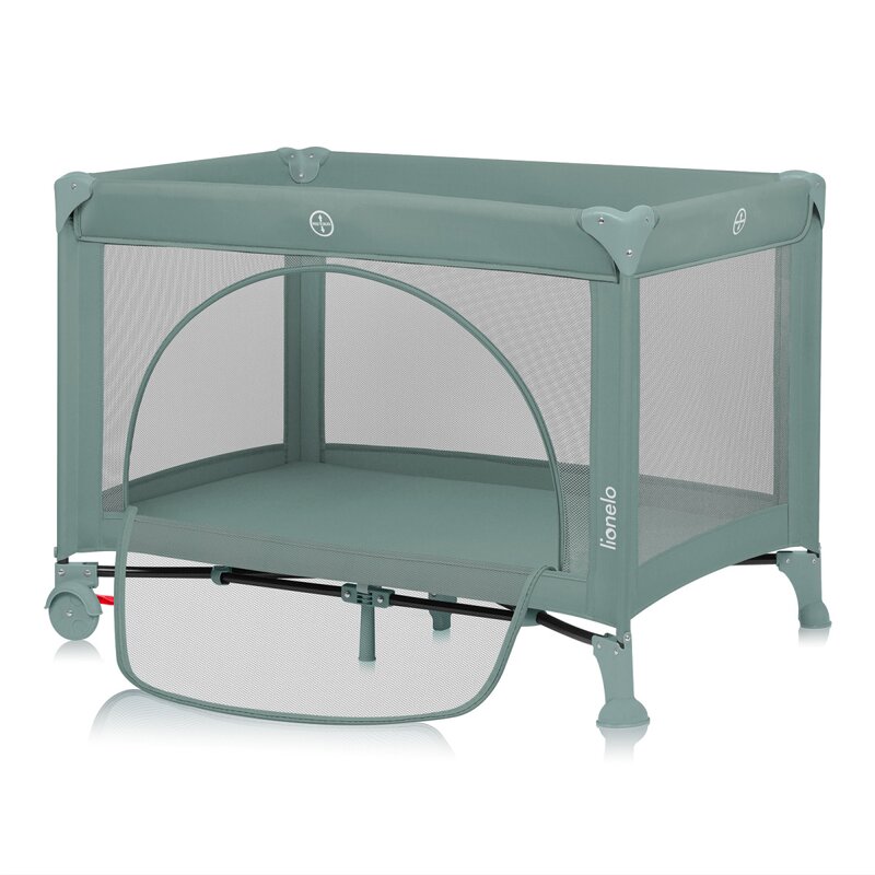 Patut pliabil, Lionelo, Laura, 102 x 74 cm, Cu doua nivele, Functie de tarc, Cu roti, Include salteluta si geanta de transport, Pereti din plasa, Deschidere laterala, Pana la 15 kg, 0 luni +, Verde