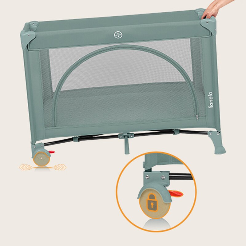 Patut pliabil, Lionelo, Laura, 102 x 74 cm, Cu doua nivele, Functie de tarc, Cu roti, Include salteluta si geanta de transport, Pereti din plasa, Deschidere laterala, Pana la 15 kg, 0 luni +, Verde - 1