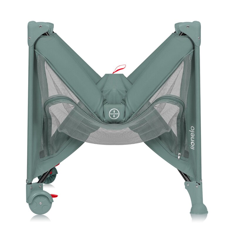 Patut pliabil, Lionelo, Laura, 102 x 74 cm, Cu doua nivele, Functie de tarc, Cu roti, Include salteluta si geanta de transport, Pereti din plasa, Deschidere laterala, Pana la 15 kg, 0 luni +, Verde - 3