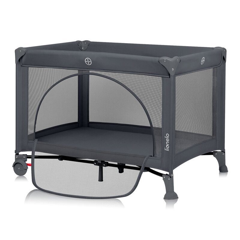 Patut pliabil, Lionelo, Laura, 102 x 74 cm, Cu doua nivele, Functie de tarc, Cu roti, Include salteluta si geanta de transport, Pereti din plasa, Deschidere laterala, Pana la 15 kg, 0 luni +, Gri