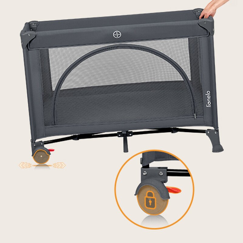 Patut pliabil, Lionelo, Laura, 102 x 74 cm, Cu doua nivele, Functie de tarc, Cu roti, Include salteluta si geanta de transport, Pereti din plasa, Deschidere laterala, Pana la 15 kg, 0 luni +, Gri - 1