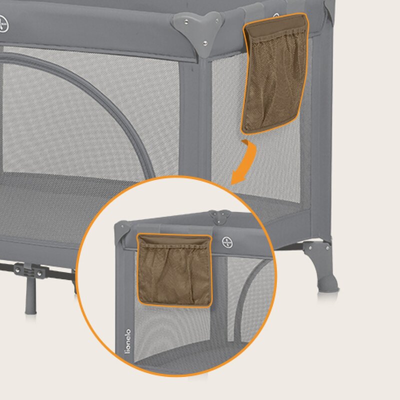 Patut pliabil, Lionelo, Laura, 102 x 74 cm, Cu doua nivele, Functie de tarc, Cu roti, Include salteluta si geanta de transport, Pereti din plasa, Deschidere laterala, Pana la 15 kg, 0 luni +, Gri - 2