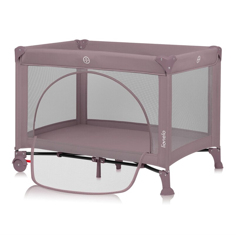Patut pliabil, Lionelo, Laura, 102 x 74 cm, Cu doua nivele, Functie de tarc, Cu roti, Include salteluta si geanta de transport, Pereti din plasa, Deschidere laterala, Pana la 15 kg, 0 luni +, Roz