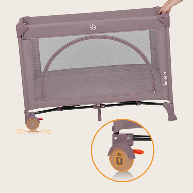 Patut pliabil, Lionelo, Laura, 102 x 74 cm, Cu doua nivele, Functie de tarc, Cu roti, Include salteluta si geanta de transport, Pereti din plasa, Deschidere laterala, Pana la 15 kg, 0 luni +, Roz - 1