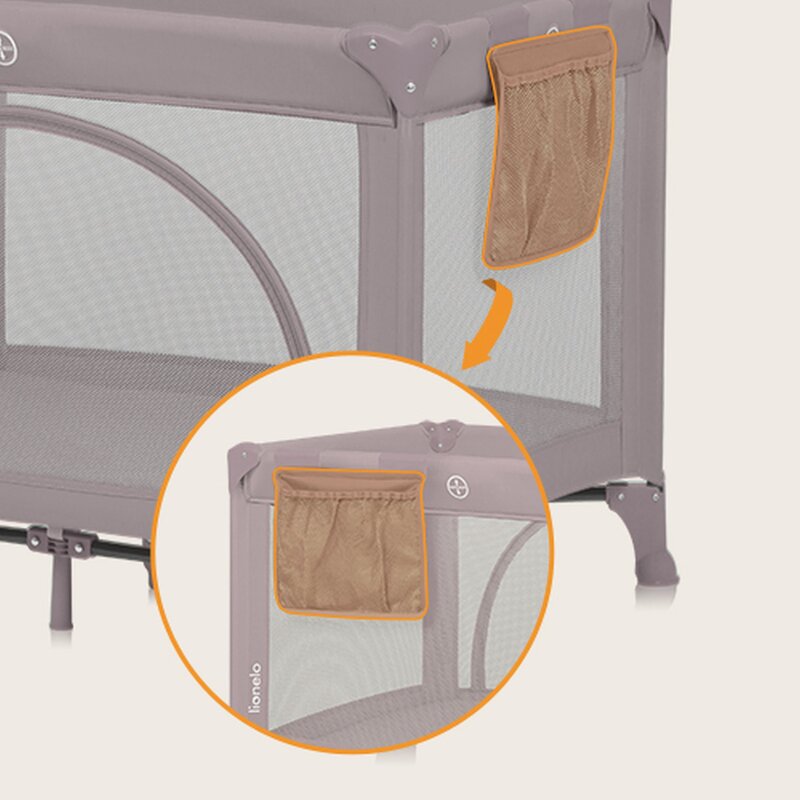 Patut pliabil, Lionelo, Laura, 102 x 74 cm, Cu doua nivele, Functie de tarc, Cu roti, Include salteluta si geanta de transport, Pereti din plasa, Deschidere laterala, Pana la 15 kg, 0 luni +, Roz - 2