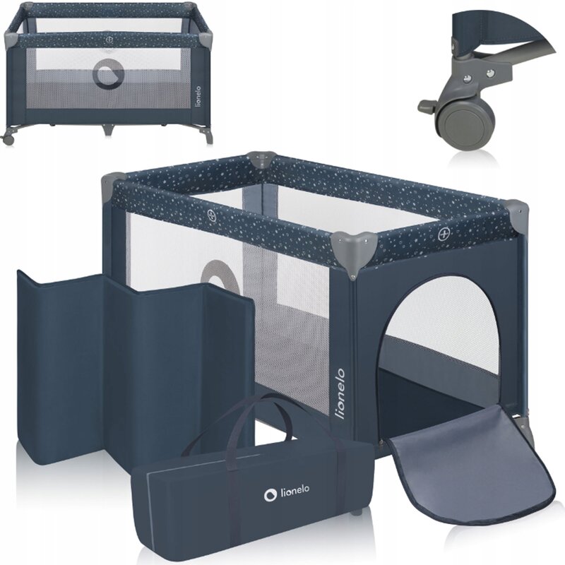 Patut pliabil, Lionelo, Stefi, Cu un nivel, Cu intrare laterala cu fermoar, 2 roti, 120x60 cm, Conform cu standardul european de securitate EN 716, Albastru