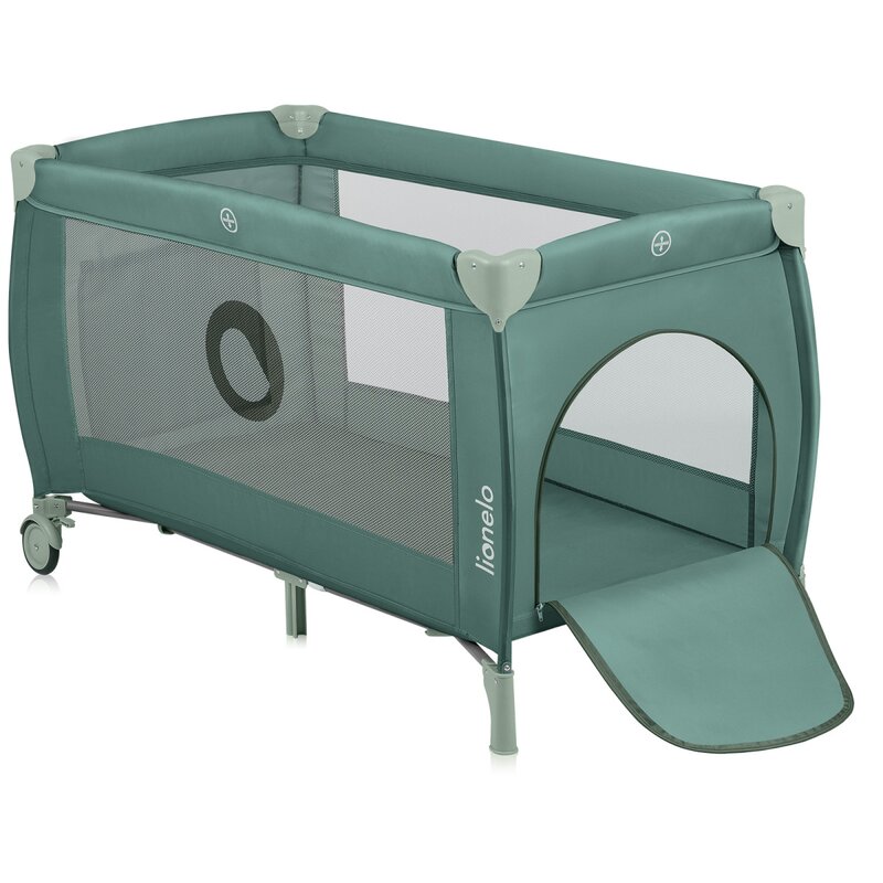 Patut pliabil, Lionelo, Stefi Plus, Cu doua nivele, Cu intrare laterala cu fermoar, 2 roti, 120 x 60 cm, Conform cu standardul european de securitate EN 716, Verde Olive