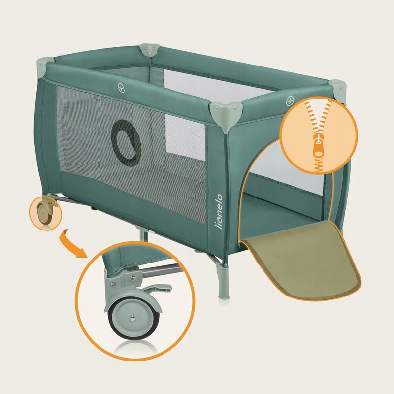 Patut pliabil, Lionelo, Stefi Plus, Cu doua nivele, Cu intrare laterala cu fermoar, 2 roti, 120 x 60 cm, Conform cu standardul european de securitate EN 716, Verde Olive - 3