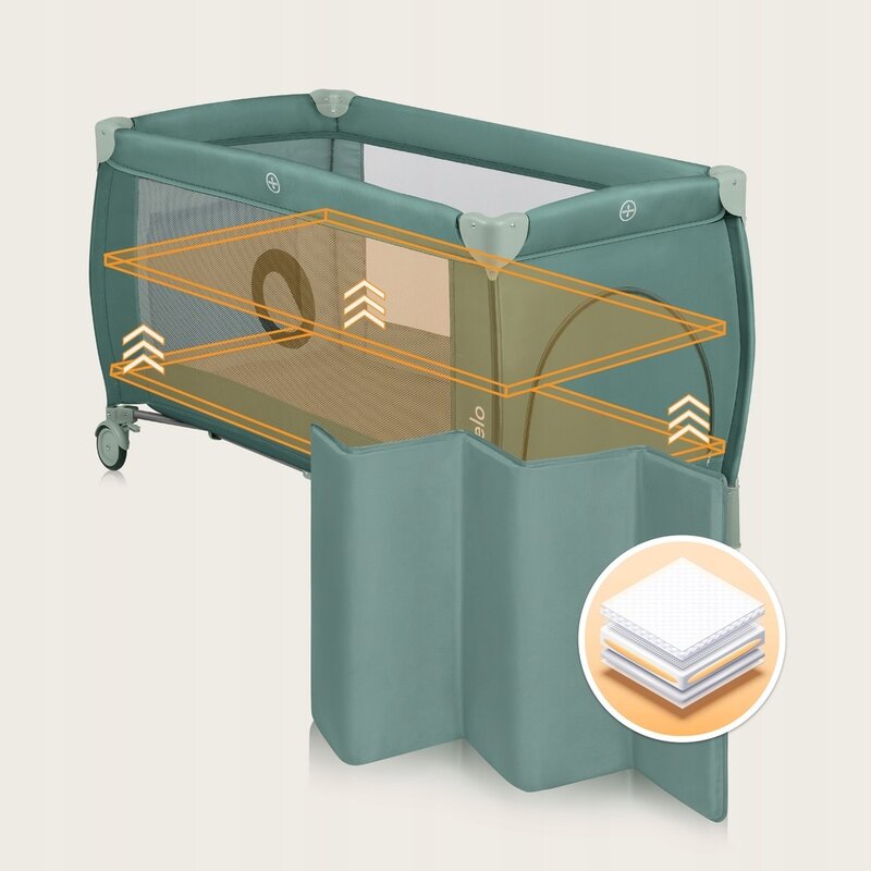 Patut pliabil, Lionelo, Stefi Plus, Cu doua nivele, Cu intrare laterala cu fermoar, 2 roti, 120 x 60 cm, Conform cu standardul european de securitate EN 716, Verde Olive - 4