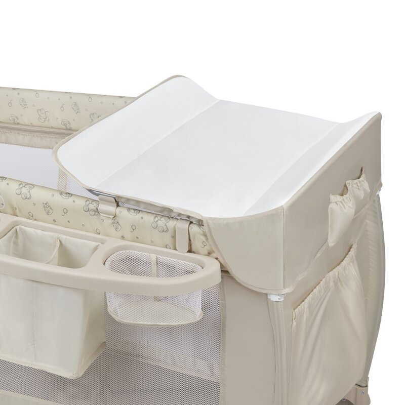 Patut pliabil, Lionelo, Sven Plus, 120x60 cm, Cu doua nivele, Cu arcada jucarii, masuta de infasat, vibratii, melodii, conform cu standardele europeane de securitate EN716 si EN12221, Bej Latte - 2
