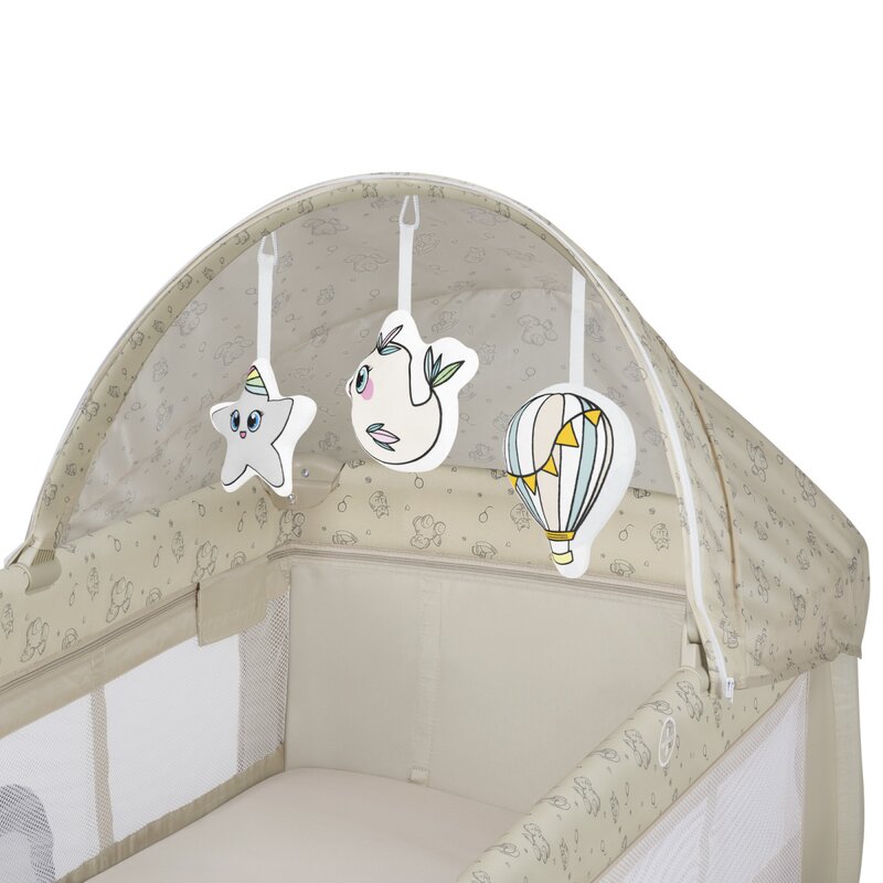Patut pliabil, Lionelo, Sven Plus, 120x60 cm, Cu doua nivele, Cu arcada jucarii, masuta de infasat, vibratii, melodii, conform cu standardele europeane de securitate EN716 si EN12221, Bej Latte - 3
