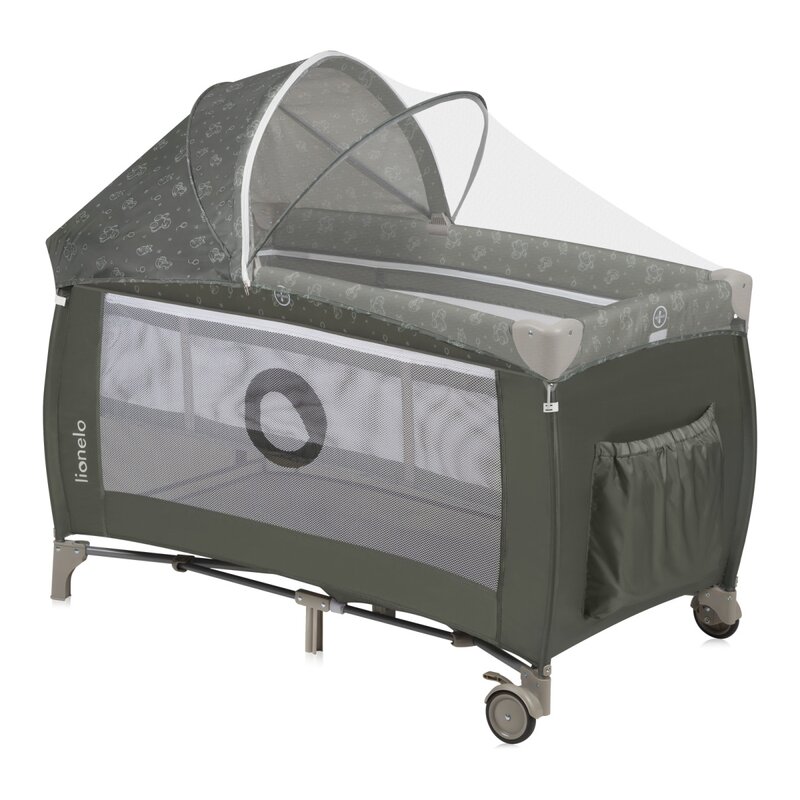 Patut pliabil, Lionelo, Sven Plus, 120x60 cm, Cu doua nivele, Cu arcada jucarii, masuta de infasat, vibratii, melodii, conform cu standardele europeane de securitate EN716 si EN12221, Bej Olive