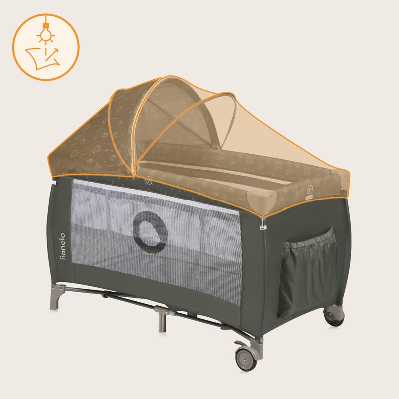 Patut pliabil, Lionelo, Sven Plus, 120x60 cm, Cu doua nivele, Cu arcada jucarii, masuta de infasat, vibratii, melodii, conform cu standardele europeane de securitate EN716 si EN12221, Bej Olive - 1