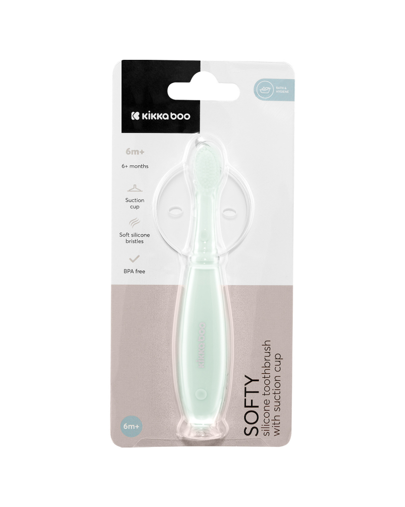 Periuta de dinti pentru bebelusi KikkaBoo Softy Mint din silicon,recomandata de la 6 luni, cu ventuza pentru fixare pe chiuveta,Fara BPA