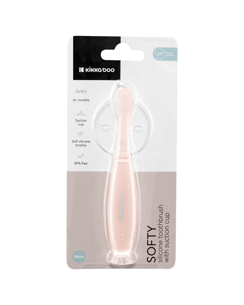 Periuta de dinti pentru bebelusi KikkaBoo Softy Pink din silicon,recomandata de la 6 luni, cu ventuza pentru fixare pe chiuveta,Fara BPA