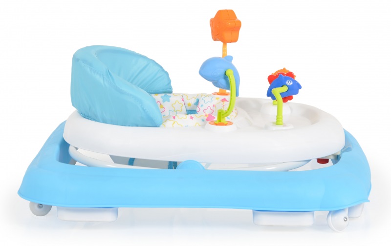 Premergator pliabil pentru copii Moni Eko Blue cu inaltime sezut reglabil,spatar inalt si confortabil,panou cu jucarii,roti pivotante si protectii cauciucate siguranta praguri - 2 | YEO