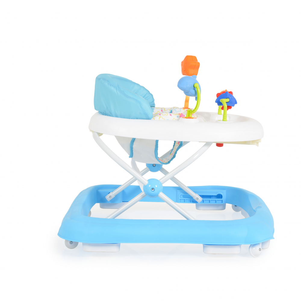 Premergator pliabil pentru copii Moni Eko Blue cu inaltime sezut reglabil,spatar inalt si confortabil,panou cu jucarii,roti pivotante si protectii cauciucate siguranta praguri - 3 | YEO