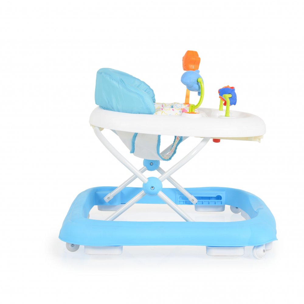 Premergator pliabil pentru copii Moni Eko Blue cu inaltime sezut reglabil,spatar inalt si confortabil,panou cu jucarii,roti pivotante si protectii cauciucate siguranta praguri - 4 | YEO