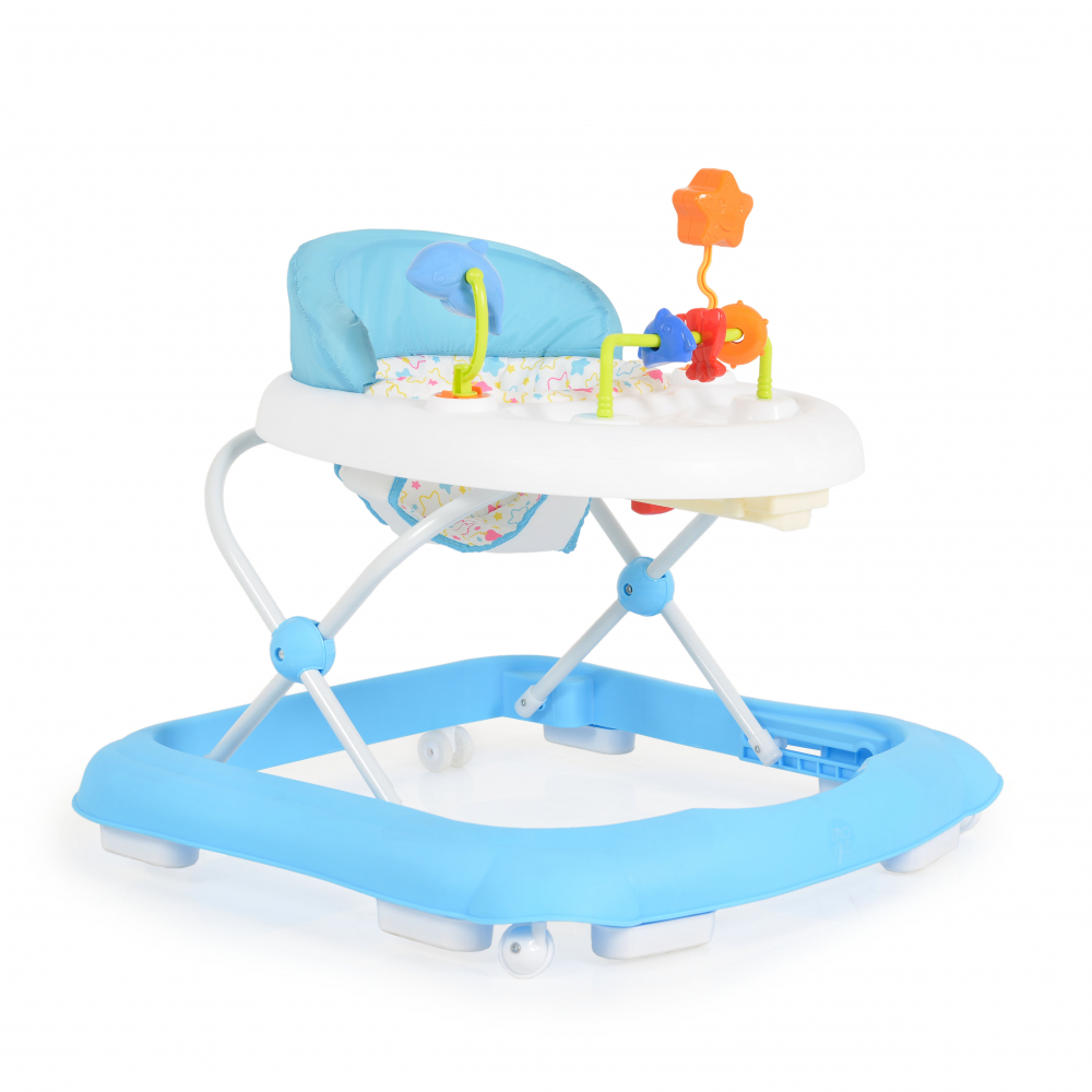 Premergator pliabil pentru copii Moni Eko Blue cu inaltime sezut reglabil,spatar inalt si confortabil,panou cu jucarii,roti pivotante si protectii cauciucate siguranta praguri - 8