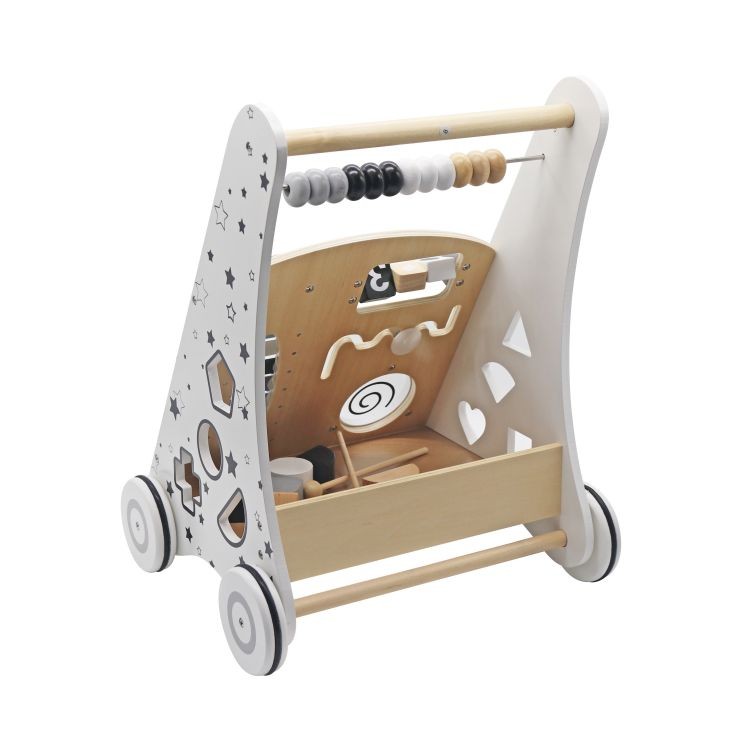 Antepremergator din lemn, xilofon, sortator forme, labirint, spatiu depozitare, 4 roti, 38x32x45.5 cm