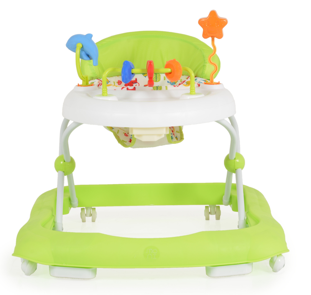 Premergator pliabil pentru copii Moni Eko Green cu inaltime sezut reglabil,spatar inalt si confortabil,panou cu jucarii,roti pivotante si protectii cauciucate siguranta praguri - 4