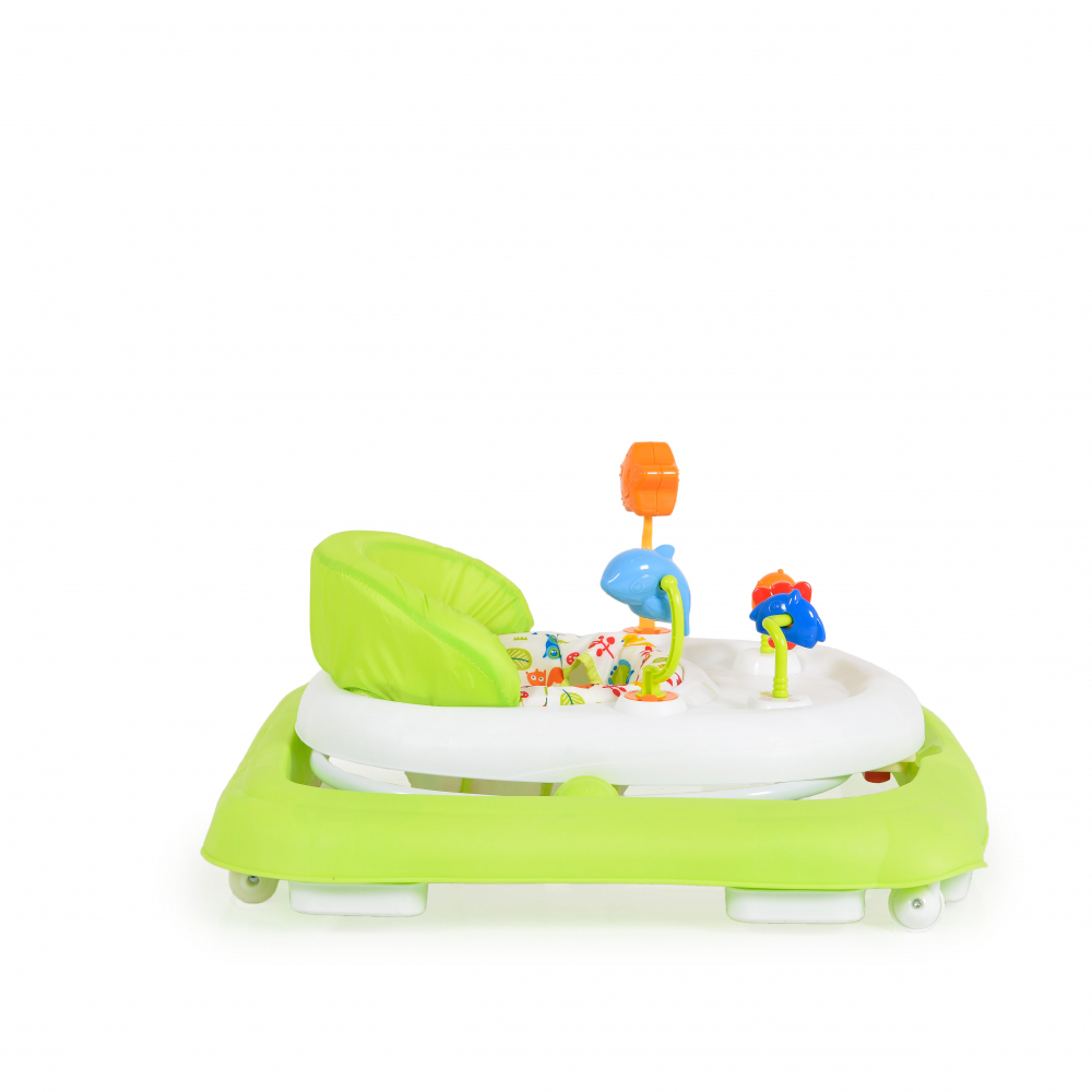 Premergator pliabil pentru copii Moni Eko Green cu inaltime sezut reglabil,spatar inalt si confortabil,panou cu jucarii,roti pivotante si protectii cauciucate siguranta praguri - 5