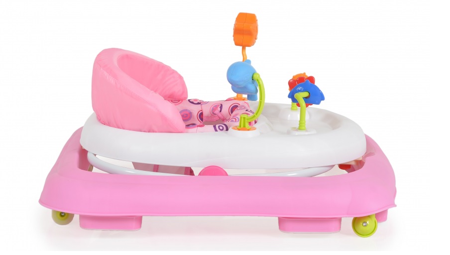 Premergator pliabil pentru copii Moni Eko Pink cu inaltime sezut reglabil,spatar inalt si confortabil,panou cu jucarii,roti pivotante si protectii cauciucate siguranta praguri