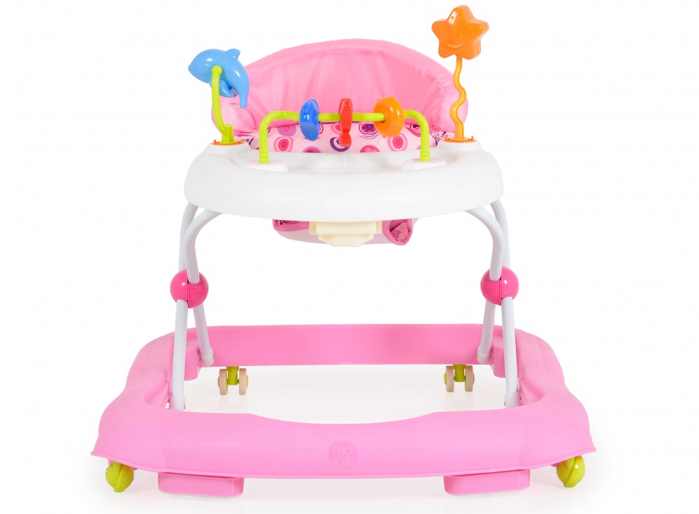 Premergator pliabil pentru copii Moni Eko Pink cu inaltime sezut reglabil,spatar inalt si confortabil,panou cu jucarii,roti pivotante si protectii cauciucate siguranta praguri - 1