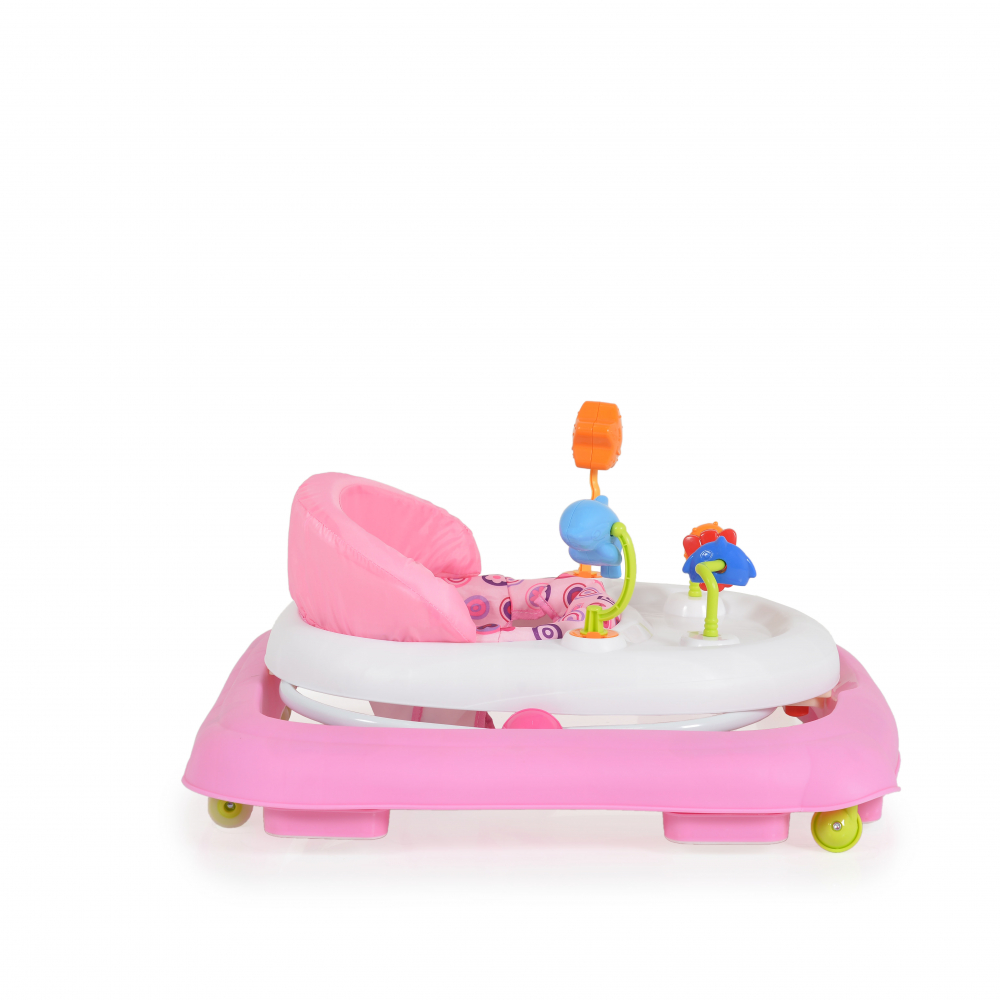 Premergator pliabil pentru copii Moni Eko Pink cu inaltime sezut reglabil,spatar inalt si confortabil,panou cu jucarii,roti pivotante si protectii cauciucate siguranta praguri - 2