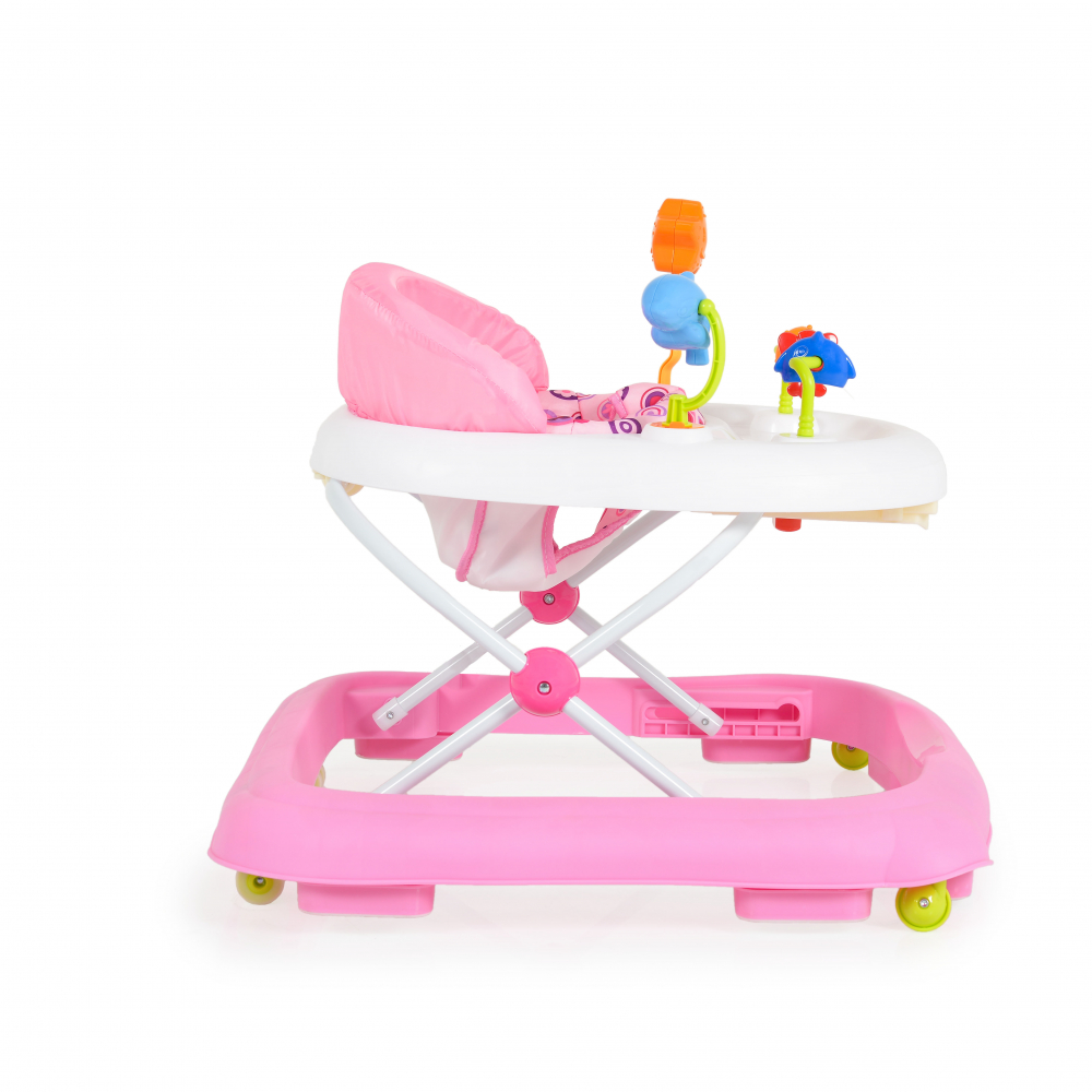 Premergator pliabil pentru copii Moni Eko Pink cu inaltime sezut reglabil,spatar inalt si confortabil,panou cu jucarii,roti pivotante si protectii cauciucate siguranta praguri - 3