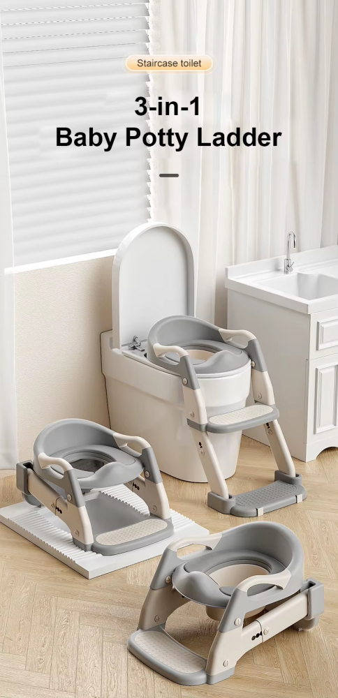Reductor pentru copii Little Mom Grey multifunctional 3 in 1, pliabil, colac ergonomic din PVC, cu recipient colector si manere de sustinere, dimensiuni 35.5x17x39 cm