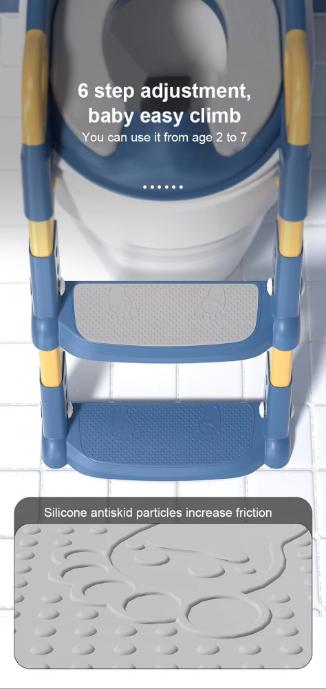 Reductor toaleta pentru copii, Little Mom Blue, pliabil, ergonomic, cu sezut din PVC, manere de sustinere, scara cu inaltime reglabila, suprafata antiderapanta, dimensiuni 34x44x34 cm