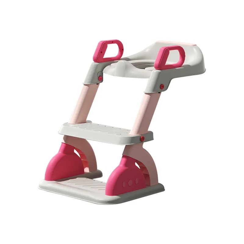 Reductor toaleta pentru copii Little Mom Pink, pliabil, echipat cu colac moale din spuma PU, trepte antiderapante, manere ergonomice, structura triunghiulara, design anti-stropire, dimensiune 53.5 x 40.5 cm