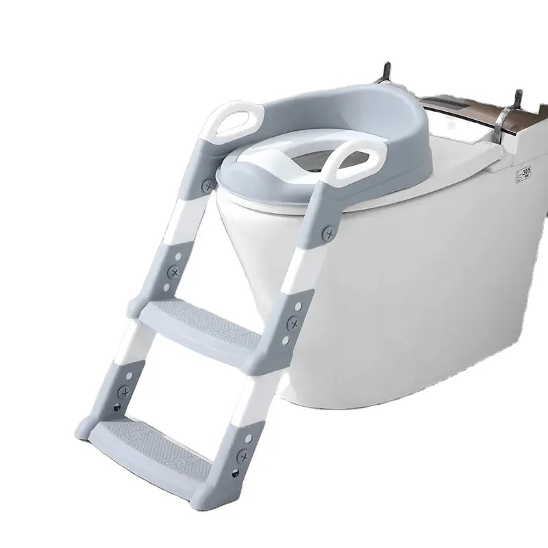 Reductor toaleta pentru copii, Little Mom Grey, pliabil, ergonomic, cu sezut din PVC, manere de sustinere, scara cu inaltime reglabila, suprafata antiderapanta, dimensiuni 34x44x34 cm