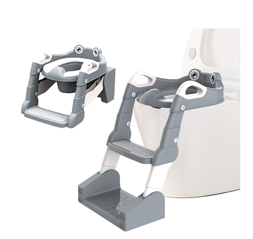 Reductor pentru copii Little Mom Grey multifunctional 2 in 1, pliabil, colac din PVC, cu recipient colector si manere de sustinere, dimensiuni 58x47x32.5 cm