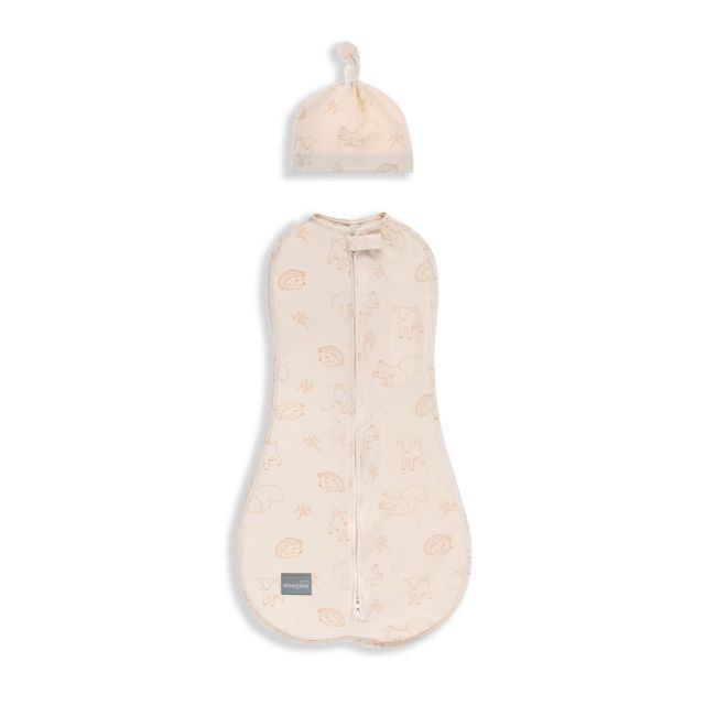 Saculet Swaddle infasat nou nascut + caciulita First Step Animale Epoca Cream Sleepee