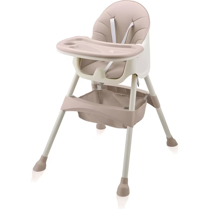 Scaun de masa pentru copii, Little Mom, transformabil, cu tavita dubla ajustabila si detasabila, cu Suport pentru picioare si centura in 5 puncte,  dimensiune 62 x 77 x 92 cm, Dinner Cream