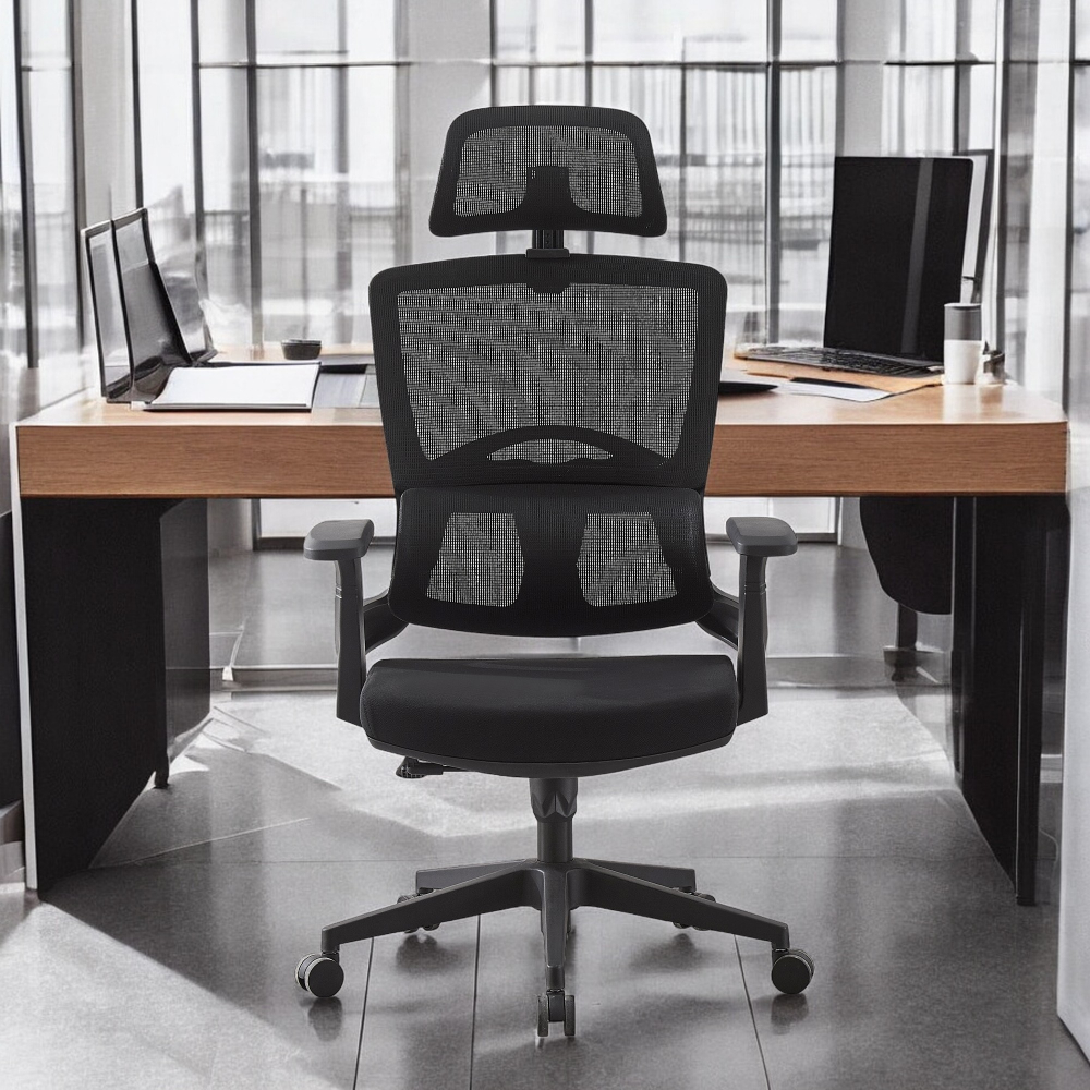 Scaun ergonomic de birou, suport lombar integrat, reglare inaltime, tetiera reglabila, pivotant, mesh negru - 2 | YEO