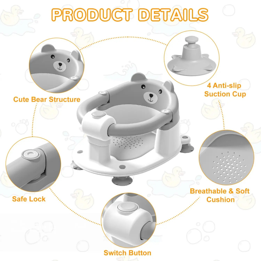 Scaunel de baie pentru copii Little Mom Bear Grey model universal cu spatar ergonomic, ventuze de fixare, brate mobile, dimensiuni 21x41x24 cm